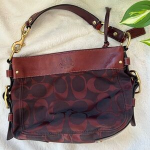 Coach crimson leather and logo canvas handbag
